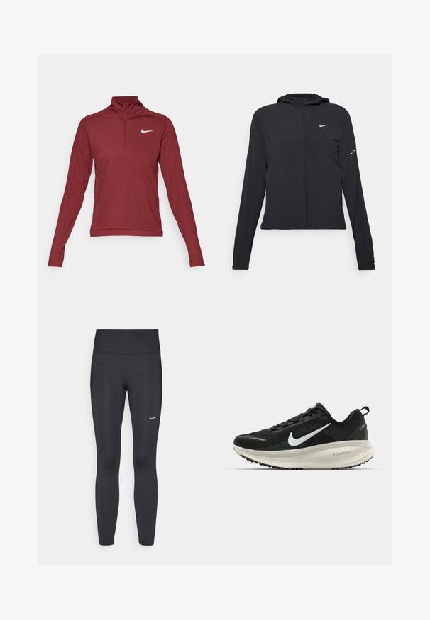Crna jakna s kapuljačom i dugim rukavima, izrađena od laganog materijala. Ima prednji patentni zatvarač, Nike logo i suptilne dizajnerske detalje.; Burgundska atletska majica dugih rukava s polu-zip ovratnikom i bijelim Nike logotipom na prsima. Napravljena od glatkog, rastezljivog materijala.; Crne tajice izrađene od rastezljivog materijala, s visokim strukom i bijelim Nike logotipom na lijevom bedru. Glatka tekstura, dizajn koji prati obline.; Crne Nike trkačke tenisice s prozračnom mrežastom gornjom konstrukcijom, bijelim swoosh logotipom, teksturiranim detaljima i kremastom ZoomX srednjom potplatnom jedinicom.