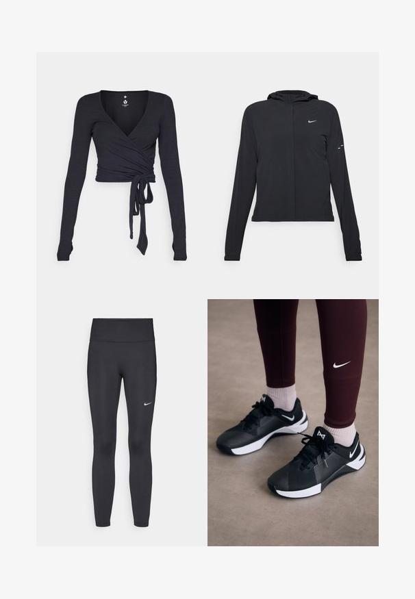 Must musta kapuutsiga jakk, millel on pikad varrukad ja mis on valmistatud kergetest materjalidest. Omab esitaskut, Nike logo ja kergelt silmatorkavaid disainiaktsente.; Tume sinise materjali pika varrukaga ümberpööratud topp, millel on V-kaelus, esiküljel on sõlme detail ja sile tekstuur.; Mustad mustadest leggingid, mis on valmistatud venivast kangast, kõrge vöökoha ja valge Nike logo abil vasakul reiel. Sile tekstuur, keha järgiv disain.; Mustad mustat spordijalatsid tekstuurse pealse ja valgete aktsentidega, koos paelte ja külglogoga. Kanda tumepruunide leggingsidega ja heledate sokkidega.