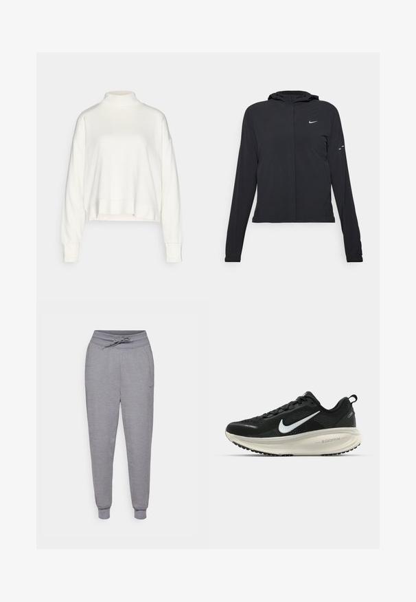 Mustassa hupparissa on pitkät hihat, ja se on valmistettu kevyestä materiaalista. Siinä on edessä vetoketju, Nike-logo ja hillityt muotoiluyksityiskohdat.; Valkoinen korkeakauluksinen pitkähihaiselle paita, jossa on rento istuvuus, laskettu olkalinja ja lyhennetty helma, valmistettu pehmeästä, teksturoidusta kankaasta.; Harmaat tapered-collegehousut, joissa on kiristysnaruvyötärö, resorit lahkeissa ja huomaamaton Nike-logo vasemmassa reisessä. Pehmeä, tekstuuriainen kangas.; Mustat Nike-juoksukengät, joissa on hengittävä verkko-osa, valkoinen swoosh-logo, teksturoitu yksityiskohtaus ja kermaisen värinen ZoomX-välipohja.