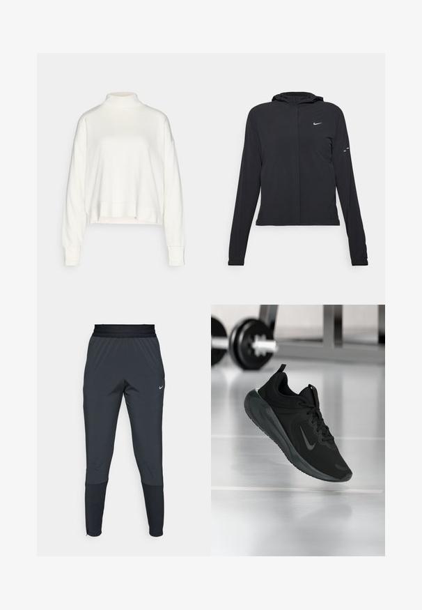 Black hooded jacket with long sleeves, made from lightweight material. Features a front zipper, a Nike logo, and subtle design accents.; White mock neck long-sleeve top, featuring a relaxed fit, dropped shoulders, and a cropped hem, made from soft, textured fabric.; Nike athletic pants in dark gray, featuring a tapered leg design, elastic waistband, and accent details near the cuffs.; Black sports sneaker with Nike logo, shown mid-air on gym floor, with blurred dumbbell rack in background.