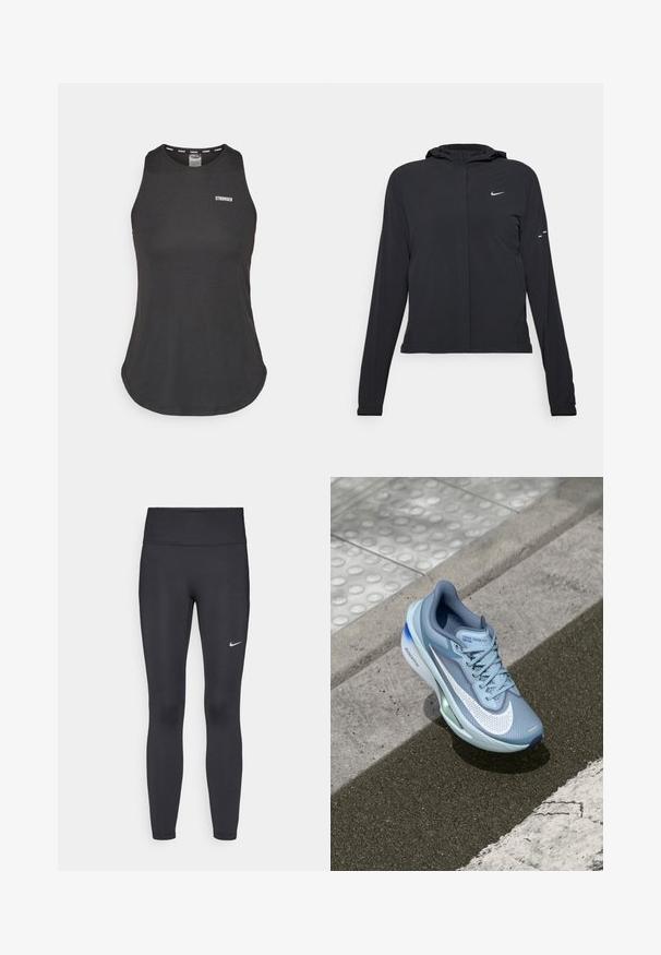 Casaco preto com capuz e mangas longas, feito de material leve. Apresenta um fecho dourado na frente, um logótipo da Nike e detalhes de design subtis.; Top desportivo preto, feito de tecido macio, com decote redondo e costas baixas. Logótipo "STRONGER" em branco na parte da frente.; Leggings pretos feitos de tecido elástico, com uma cintura alta e um logo branco da Nike na coxa esquerda. Textura suave, design ajustado ao corpo.; Shoe de corrida Nike Zoom Fly azul-claro com um cabedal em malha respirável, icónica Swoosh branca e detalhes verdes na sola.