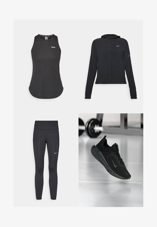 Juodas gobtuvas striukė su ilgomis rankovėmis, pagaminta iš lengvo audinio. Pasižymi priekiniais užtrauktukais, Nike logotipu ir subtiliais dizaino akcentais.; Juodas sportinis topas, pagamintas iš minkštos medžiagos, turintis apvalų iškirpimą ir žemą nugarėlę. Priekinėje pusėje baltas "STRONGER" logotipas.; Juodi leggingai iš elastingos medžiagos, turintys aukštą juosmenį ir baltą Nike logotipą kairėje šlaunyje. Lygus paviršius, prigludusi dizainas.; Juodas sportinis sportbačiai su Nike logotipu, pavaizduoti ore virš sporto salės grindų, fone išblurinta hantelių laikiklis.