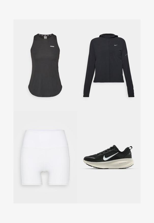 Juodas gobtuvas striukė su ilgomis rankovėmis, pagaminta iš lengvo audinio. Pasižymi priekiniais užtrauktukais, Nike logotipu ir subtiliais dizaino akcentais.; Juodas sportinis topas, pagamintas iš minkštos medžiagos, turintis apvalų iškirpimą ir žemą nugarėlę. Priekinėje pusėje baltas "STRONGER" logotipas.; Balti aukšto juosmens šortai, pagaminti iš elastingos medžiagos. Yra lygus paviršius ir prigludęs siluetas, be papildomų raštų ar detalių.; Juodas Nike sportinis batelis su kvėpuojančiu tinklu, baltu swoosh logotipu, tekstūruoto dizaino detalėmis ir grietinėlės spalvos ZoomX viduriu.