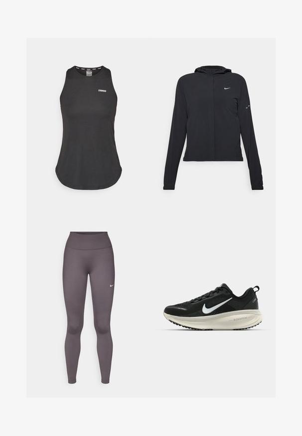 Black hooded jacket with long sleeves, made from lightweight material. Features a front zipper, a Nike logo, and subtle design accents.; Black athletic tank top made from soft fabric, featuring a round neckline and a low-cut back. "STRONGER" logo in white on the front.; Gray leggings made of stretchy fabric, featuring a high waistband, smooth texture, and a small white logo on the left thigh.; Black Nike running shoe with breathable mesh upper, white swoosh logo, textured detailing, and a cream-colored ZoomX midsole.