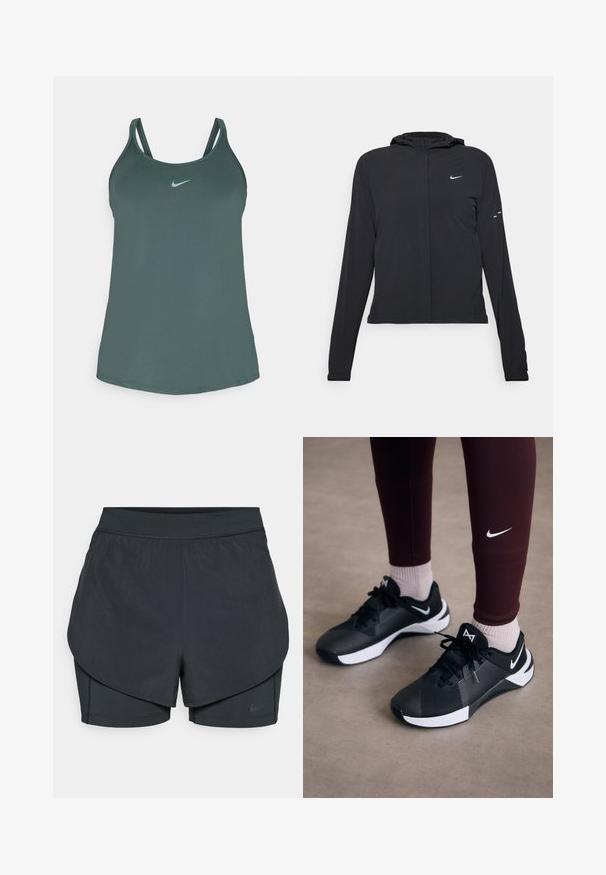 Jachetă neagră cu glugă, cu mâneci lungi, fabricată din material ușor. Dispune de un fermoar frontal, un logo Nike și accente de design subtile.; Top sportiv verde din material care absoarbe umezeala, având bretele subțiri și un logo mic, reflectorizant pe față.; Șorturi sportive negre cu un design stratificat, având o strat exterior neted și șorturi interioare ajustate. Fabricate dintr-un material ușor și elastic.; Pantofi sport negri cu un superior texturat și accente albe, având șireturi și un logo pe lateral. Purtați cu colanți cărămizii și șosete deschise la culoare.