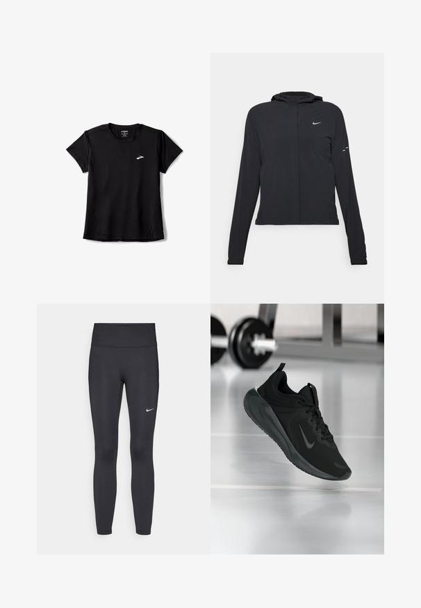 Czarna kurtka z kapturem, z długimi rękawami, wykonana z lekkiego materiału. Posiada zamek błyskawiczny z przodu, logo Nike oraz subtelne akcenty wzornicze.; Czarna koszulka sportowa z krótkim rękawem i okrągłym dekoltem, wykonana z elastycznego materiału, z subtelnym białym logo na piersi i detalami na bocznym szwie.; Czarne legginsy z elastycznego materiału, z wysokim pasem i białym logo Nike na lewym udzie. Gładka tekstura, dopasowany krój.; Czarny sportowy sneaker z logo Nike, pokazany w powietrzu na podłodze siłowni, z rozmytym regałem z hantlami w tle.