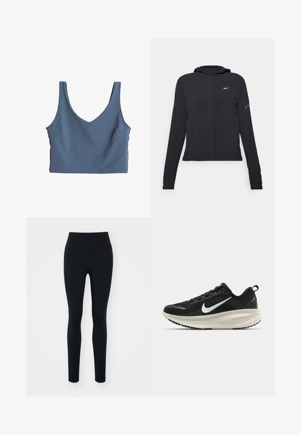 Giacca nera con cappuccio e maniche lunghe, realizzata in materiale leggero. Presenta una zip frontale, il logo Nike e accenti di design sottili.; Top corto blu con scollatura a V, realizzato in un tessuto liscio. Presenta spalline larghe e un dettaglio a tasca laterale.; Leggings neri realizzati in materiale elastico con una vita alta. Texture liscia, design aderente e senza decorazioni o motivi visibili.; Scarpa da corsa nera Nike con tomaia in rete traspirante, logo Swoosh bianco, dettagli testurizzati e intersuola ZoomX di colore crema.