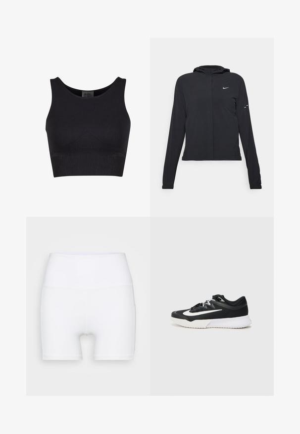Mustassa hupparissa on pitkät hihat, ja se on valmistettu kevyestä materiaalista. Siinä on edessä vetoketju, Nike-logo ja hillityt muotoiluyksityiskohdat.; Musta ribboneule crop-top, jossa on pyöreä kaula-aukko ja leveät olkaimet. Erottuu muotoilevalla designilla ja saumatonta reunojen tekoa mukavuuden takaamiseksi.; Valkoiset korkeavyötäröiset shortsit, jotka on valmistettu joustavasta kankaasta. Ominaisuuksiin kuuluu sileä pinta ja tiukka muotoilu, ilman lisäkuvioita tai varusteita.; Musta urheilujalkine, jossa on valkoisia yksityiskohtia, kuvioitu päällinen, pyöreä kärki, litteät nauhat ja paksu valkoinen kumipohja.