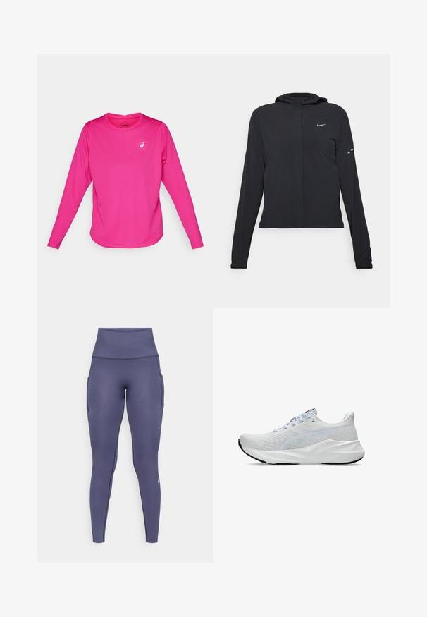 Schwarze Kapuzenjacke mit langen Ärmeln, aus leichtem Material gefertigt. Sie hat einen vorderen Reißverschluss, ein Nike-Logo und dezente Designelemente.; Langarm-Sportshirt in leuchtendem Pink, aus dehnbarem Stoff. Verfügt über einen runden Ausschnitt und ein kleines weißes Logo auf der Brust.; Hochtaillierte, nahtlose, marineblaue Sportleggings mit seitlichen Taschen und subtilen Strukturmustern, entworfen für aktive Kleidung.; Weiße Sportsneaker mit einem atmungsaktiven Mesh-Obermaterial, hellblauen Akzenten, Schnürverschluss, auffälligem Logodetail und strukturiertem Sohlenprofil für besseren Halt.