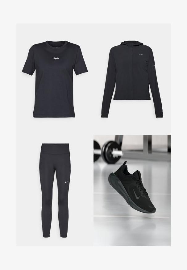 Casaco preto com capuz e mangas longas, feito de material leve. Apresenta um fecho dourado na frente, um logótipo da Nike e detalhes de design subtis.; T-shirt preta de manga curta, feita de algodão, com gola redonda e um logo em branco "Rapha." bordado no peito. Textura suave.; Leggings pretos feitos de tecido elástico, com uma cintura alta e um logo branco da Nike na coxa esquerda. Textura suave, design ajustado ao corpo.; Sapatilha desportiva preta com o logotipo da Nike, mostrada em pleno ar sobre o chão do ginásio, com um suporte de halteres desfocado ao fundo.