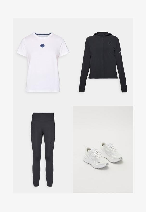 Casaco preto com capuz e mangas longas, feito de material leve. Apresenta um fecho dourado na frente, um logótipo da Nike e detalhes de design subtis.; T-shirt de algodão branco com mangas curtas, apresentando um decote redondo e um design de logotipo circular azul no peito. Textura suave.; Leggings pretos feitos de tecido elástico, com uma cintura alta e um logo branco da Nike na coxa esquerda. Textura suave, design ajustado ao corpo.; Tênis atléticos brancos com um cabedal de malha texturizada, sola acolchoada e discretos detalhes em cinza. Inclui logótipo e aba de calcanhar em laço para facilitar o calçar.