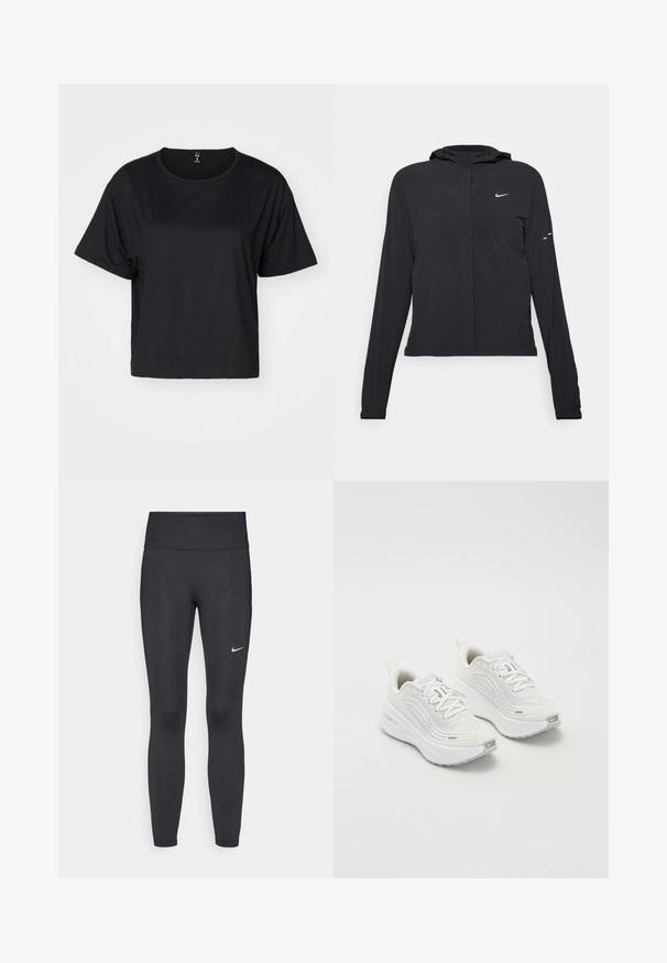 Svart hettegenser med lange ermer, laget av lett materiale. Har glidelås foran, Nike-logo og subtile design detaljer.; Svart kortermet crop-top laget av glatt materiale, med rund halslinning og løs passform, med rene sømmer og uten synlige mønstre.; Sorte leggings laget av elastisk stoff, med høy livlinje og en hvit Nike-logo på venstre lår. Glatt tekstur, kroppsnær passform.; Hvite joggesko med et teksturert mesh-overdel, polstret såle og subtile grå aksenter. Inkluderer merkevare og løkke på hælen for enkel påkledning.