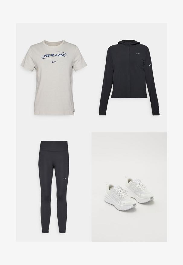 Juodas gobtuvas striukė su ilgomis rankovėmis, pagaminta iš lengvo audinio. Pasižymi priekiniais užtrauktukais, Nike logotipu ir subtiliais dizaino akcentais.; Šviesiai pilkas medvilninis marškinėliai su tamsiai mėlynu "SPURS" logotipu ir mažuoju Nike swoosh. Standartinis apvalus kaklas ir trumpomis rankovėmis.; Juodi leggingai iš elastingos medžiagos, turintys aukštą juosmenį ir baltą Nike logotipą kairėje šlaunyje. Lygus paviršius, prigludusi dizainas.; Baltieji sportiniai batai su tekstūruota tinklelio viršutine dalimi, paminkštintu padu ir subtiliais pilkais akcentais. Yra prekės ženklas ir kilpa kulne, skirta lengvam užsidėjimui.