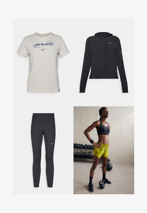 Chaqueta negra con capucha y mangas largas, hecha de un material ligero. Presenta un cierre frontal, un logo de Nike y acentos de diseño sutiles.; Camiseta de algodón gris claro con el logo "SPURS" en azul marino y un pequeño swoosh de Nike. Cuello redondo estándar y mangas cortas.; Leggings negras de tela elástica, con una cintura alta y un logo blanco de Nike en el muslo izquierdo. Textura suave, diseño ajustado.; Sujetador deportivo negro, pantalones cortos amarillos brillantes con cinturilla elástica, zapatillas de deporte negras y muñequeras, de pie junto a kettlebells.