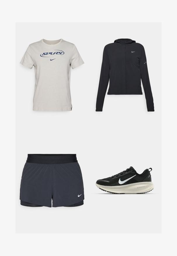 Must musta kapuutsiga jakk, millel on pikad varrukad ja mis on valmistatud kergetest materjalidest. Omab esitaskut, Nike logo ja kergelt silmatorkavaid disainiaktsente.; Heledhall halles hallides t-särk, millel on tume sinine "SPURS" logo ja väike Nike swoosh. Tavaline ümar kaelus ja lühikesed varrukad.; Mustad must sportlikud lühikesed püksid, millel on elastne vöökoht, kihiline disain ja väike valge Nike logo vasakul all. Kerge materjal.; Musthave mustus Nike jooksujalats, millel on hingav võrgust ülemine osa, valge swoosh logo, tekstuuriga detailid ja kreemja värvusega ZoomX vahevöö.