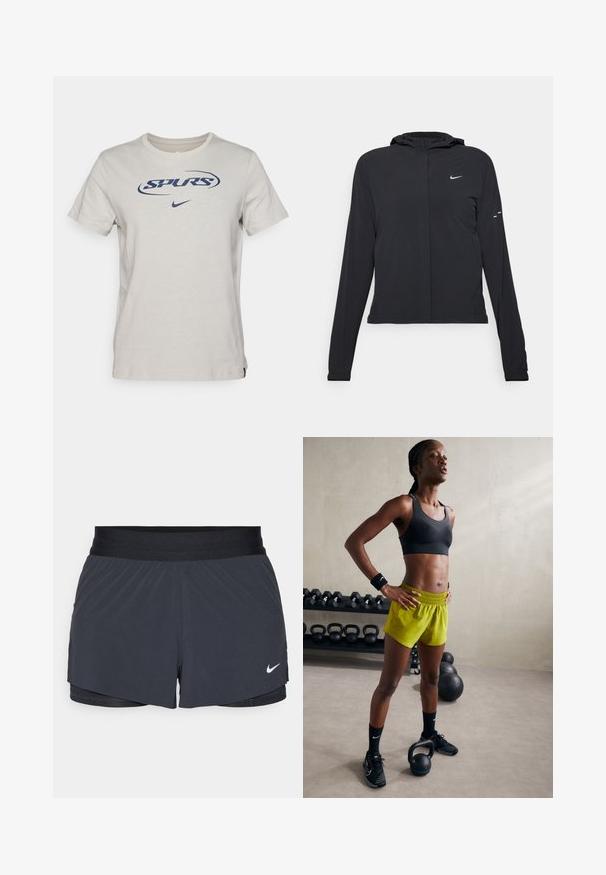 Mustassa hupparissa on pitkät hihat, ja se on valmistettu kevyestä materiaalista. Siinä on edessä vetoketju, Nike-logo ja hillityt muotoiluyksityiskohdat.; Vaaleanharmaa puuvillapaita, jossa on tummansininen "SPURS"-logo ja pieni Nike-swoosh. Standardi pyöreä kaula-aukko ja lyhyet hihat.; Mustat urheilushortsit, joissa on joustava vyötärö. Shortseissa on kerroksellinen muotoilu ja pieni valkoinen Nike-logo vasemmassa alareunassa. Kevyt materiaali.; Musta urheiluliivi, kirkkaat keltaiset shortsit, joissa on joustava vyötärö, mustat urheilu-kengät ja rannetuet, seisomassa kettlebellien vieressä.
