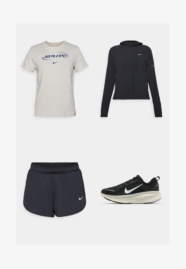 Fekete kapucnis dzseki hosszú ujjakkal, könnyű anyagból készült. Elülső cipzárral, Nike logóval és diszkrét dizájn elemekkel rendelkezik.; Világosszürke pamut póló, amelyen egy sötétkék "SPURS" logó és egy kis Nike pipa található. Hagyományos kerek nyakú és rövid ujjú.; Fekete sport rövidnadrág elasztikus derékpánttal, sportos kialakítással és egy fehér Nike logóval az elején alul. Texturált anyag.; Fekete Nike futócipő légáteresztő hálós felsőrésszel, fehér Swoosh logóval, textúrázott részletekkel és krém színű ZoomX középtalppal.