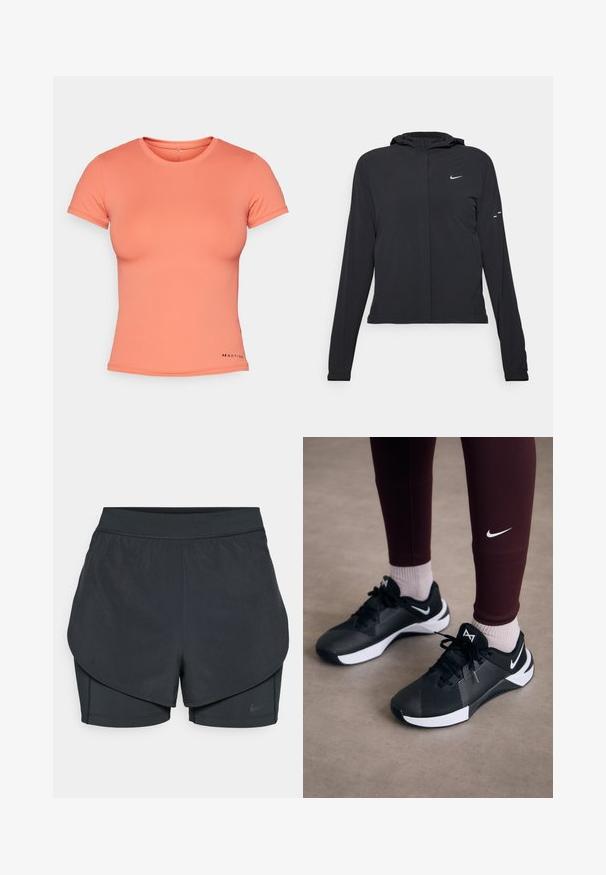 Black hooded jacket with long sleeves, made from lightweight material. Features a front zipper, a Nike logo, and subtle design accents.; Coral-colored short-sleeve t-shirt made from smooth, stretchy fabric. Crew neck design with logo accent on the lower left side.; Black athletic shorts with a layered design, featuring a smooth outer layer and fitted inner shorts. Made of lightweight, stretch fabric.; Black athletic shoes with a textured upper and white accents, featuring laces and a side logo. Worn with maroon leggings and light socks.