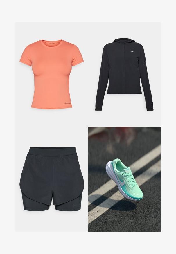 Fekete kapucnis dzseki hosszú ujjakkal, könnyű anyagból készült. Elülső cipzárral, Nike logóval és diszkrét dizájn elemekkel rendelkezik.; Korall színű, rövid ujjú póló sima, rugalmas anyagból. Kerek nyakú dizájn, a bal alsó oldalon logóval kiemelve.; Fekete sportnadrág réteges kialakítással, sima külső résszel és illeszkedő belső nadrággal. Könnyű, rugalmas anyagból készült.; Könnyű, mentazöld futócipő, hálós felsőrésszel, párnázott bokarésszel és fehér gumitalppal. Nike logó az oldalon; cipőfűzők láthatók.