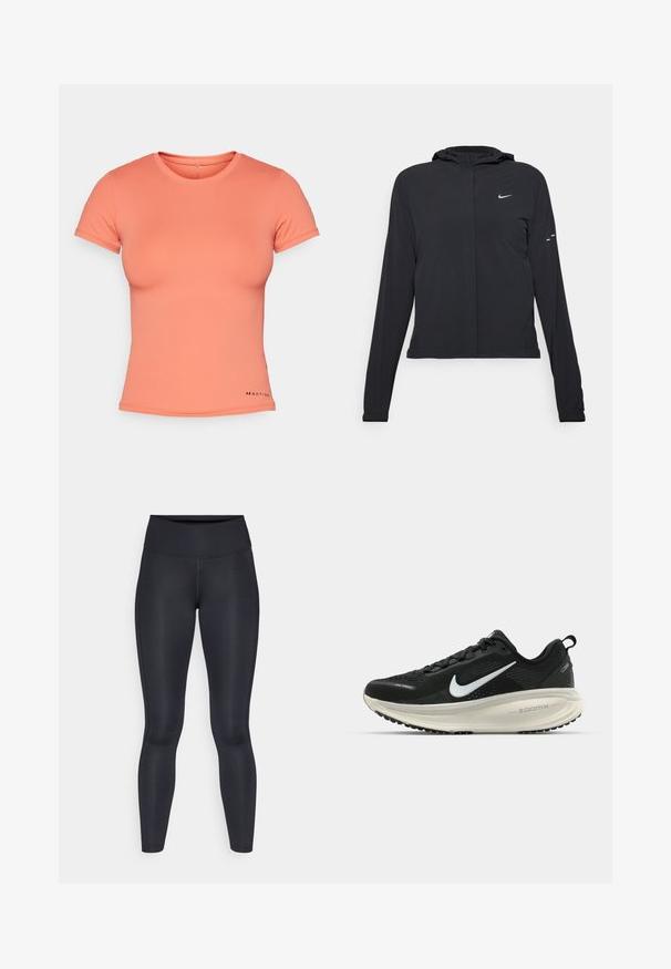 Melnā kapuci jaka ar garām piedurknēm, izgatavota no viegla materiāla. Tam ir priekšējais rāvējslēdzis, Nike logo un smalki dizaina akcenti.; Koralāju krāsas īsām piedurknēm T-krekls, izgatavots no gludas, elastīgas auduma. Apkakles dizains ar logotipa akcentu kreisajā apakšējā stūrī.; Melnas legingi, izgatavoti no gludas, elastīgas auduma. Augsts jostasvieta bez redzamām rakstiem vai akcentiem. Cieši pieguļ no jostas līdz potītēm.; Melnas Nike skriešanas kurpes ar elpojošu acs augšdaļu, baltu Swoosh logotipu, strukturētu apdari un krēmkrāsas ZoomX starpsole.