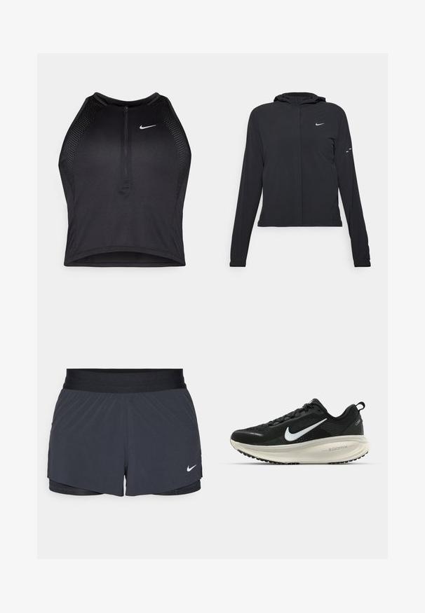 Crna jakna s kapuljačom i dugim rukavima, izrađena od laganog materijala. Ima prednji patentni zatvarač, Nike logo i suptilne dizajnerske detalje.; Crni sportski crop top s patentnim zatvaračem, mrežastim detaljima i prilagođenim dizajnom. Izrađen od rastezljivog, prozračnog materijala. Nike logo na prednjoj strani.; Crne atletske kratke hlače s elastičnom stražnjicom, imaju slojeviti dizajn i mali bijeli Nike logo na donjoj lijevoj strani. Lagani materijal.; Crne Nike trkačke tenisice s prozračnom mrežastom gornjom konstrukcijom, bijelim swoosh logotipom, teksturiranim detaljima i kremastom ZoomX srednjom potplatnom jedinicom.