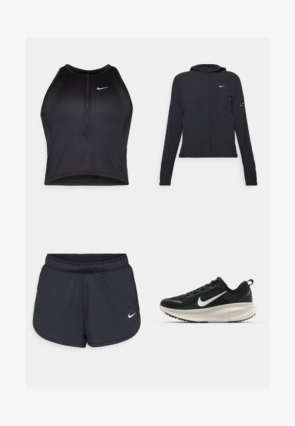 Black hooded jacket with long sleeves, made from lightweight material. Features a front zipper, a Nike logo, and subtle design accents.; Black athletic crop top with a zip-front, mesh accents, and a fitted design. Made from stretchy, breathable fabric. Nike logo on front.; Black athletic shorts made of lightweight, breathable fabric. Features an elastic waistband and white Nike logo on the lower right side.; Black Nike running shoe with breathable mesh upper, white swoosh logo, textured detailing, and a cream-colored ZoomX midsole.