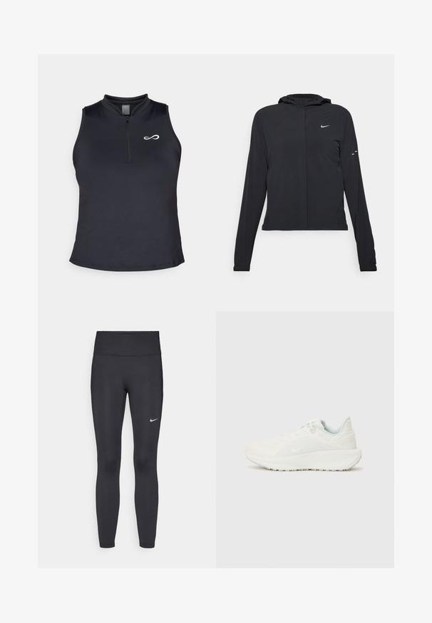 Casaco preto com capuz e mangas longas, feito de material leve. Apresenta um fecho dourado na frente, um logótipo da Nike e detalhes de design subtis.; Top atlético preto sem mangas com um colarinho alto e um fecho central. Apresenta um pequeno logótipo branco no lado esquerdo do peito e uma textura suave.; Leggings pretos feitos de tecido elástico, com uma cintura alta e um logo branco da Nike na coxa esquerda. Textura suave, design ajustado ao corpo.; Tênis atléticos brancos com um cabedal texturizado, colarinho almofadado e fecho de atacadores. Apresenta uma sola curva e uma marcação discreta na lateral.
