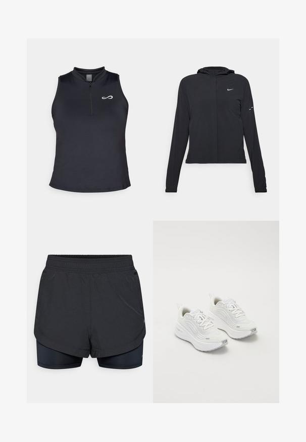 Jachetă neagră cu glugă, cu mâneci lungi, fabricată din material ușor. Dispune de un fermoar frontal, un logo Nike și accente de design subtile.; Top sport negru fără mâneci, cu un guler înalt și un fermoar central. Dispune de un mic logo alb pe pieptul stâng și o textură netedă.; Pantaloni scurți atletici negri, cu un strat exterior care prezintă o captuseală interioară ajustată. Talie elastică, iar țesătura pare ușoară și netedă.; Pantofi sport albi cu un superior din plasă texturată, talpă amortizată și accente subtile de gri. Include branding și un buclă la călcâi pentru a fi ușor de încălțat.