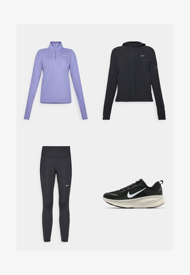 Black hooded jacket with long sleeves, made from lightweight material. Features a front zipper, a Nike logo, and subtle design accents.; Purple long-sleeve top with a half-zip collar, featuring a Nike logo on the chest. Made of soft, smooth fabric with a fitted design.; Black leggings made of stretchy fabric, featuring a high waistband and a white Nike logo on the left thigh. Smooth texture, form-fitting design.; Black Nike running shoe with breathable mesh upper, white swoosh logo, textured detailing, and a cream-colored ZoomX midsole.