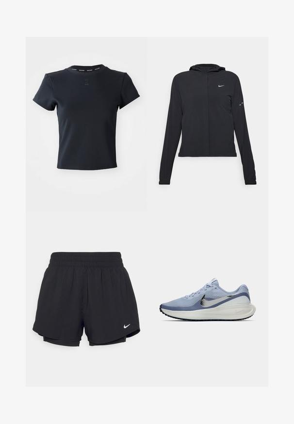 Černá kapucňová bunda s dlouhými rukávy, vyrobená z lehkého materiálu. Obsahuje přední zip, logo Nike a decentní designové akcenty.; Černé tričko s krátkým rukávem vyrobené z hladkého, elastického materiálu. Má kulatý výstřih a na límci je značení "NIKECOURT".; Černé sportovní šortky s nařaseným elastickým pasem, vnitřní podšívkou a bílým logem Nike na dolním levém rohu. Hladká, lehká tkanina.; Světle modrá a bílá běžecká bota Nike se stříbrným logem swoosh, prodyšným síťovaným svrškem, polstrovanou podešví a černým vzorem na podrážce.