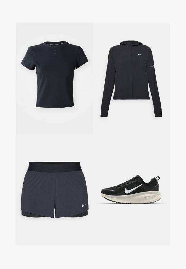 Fekete kapucnis dzseki hosszú ujjakkal, könnyű anyagból készült. Elülső cipzárral, Nike logóval és diszkrét dizájn elemekkel rendelkezik.; Fekete, rövid ujjú póló sima, rugalmas anyagból. Kerek nyakkivágással rendelkezik, a galléron "NIKECOURT" felirattal.; Fekete sportnadrág elasztikus derékkal, réteges kialakítással és kis fehér Nike logóval a bal alsó részen. Könnyű anyag.; Fekete Nike futócipő légáteresztő hálós felsőrésszel, fehér Swoosh logóval, textúrázott részletekkel és krém színű ZoomX középtalppal.