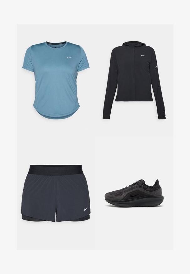 Jachetă neagră cu glugă, cu mâneci lungi, fabricată din material ușor. Dispune de un fermoar frontal, un logo Nike și accente de design subtile.; Tricou de alergare Nike cu mânecă scurtă, de culoare albastră, cu guler rotund, textură netedă și un mic logo alb Nike pe partea stângă a pieptului.; Shorts atletici negri, cu un elastic la talie, având un design stratificat și un mic logo alb Nike în partea stângă jos. Material ușor.; Pantofii sport negri au un upper matlasat, accente texturate și o talpă căptușită. Prezintă un logo Nike proeminent și o talpă exterioară durabilă.