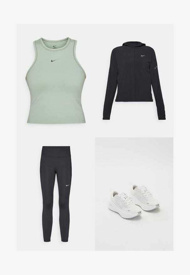 Schwarze Kapuzenjacke mit langen Ärmeln, aus leichtem Material gefertigt. Sie hat einen vorderen Reißverschluss, ein Nike-Logo und dezente Designelemente.; Helles grünes ärmelloses Sporttanktop aus glattem Material. Mit einem kleinen schwarzen Nike-Logo auf der Vorderseite und subtilen Nähdetails.; Schwarze Leggings aus elastischem Stoff, mit einem hohen Bund und einem weißen Nike-Logo auf dem linken Oberschenkel. Glatte Textur, figurbetontes Design.; Weiße Sportschuhe mit einem strukturierten Mesh-Obermaterial, gepolsterter Sohle und dezenten grauen Akzenten. Enthält Branding und eine Schlaufe an der Ferse für einfaches Anziehen.