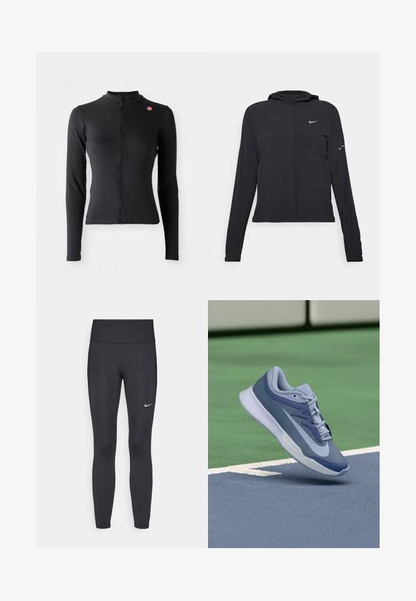 Svart hettegenser med lange ermer, laget av lett materiale. Har glidelås foran, Nike-logo og subtile design detaljer.; Svart, langermet, tettsittende jakke med glidelås foran og liten rød sirkulær logo på øverste venstre bryst, vist mot hvit bakgrunn.; Sorte leggings laget av elastisk stoff, med høy livlinje og en hvit Nike-logo på venstre lår. Glatt tekstur, kroppsnær passform.; Sportssko i lyseblå og marineblå, med en teksturert overdel, flate lisser og en lett hvit såle. Hevet over en baneflate.