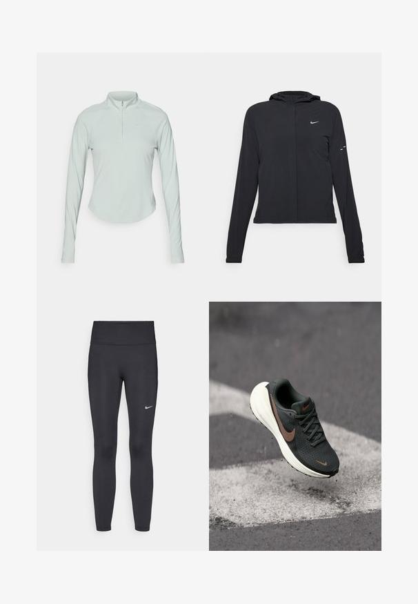 Casaco preto com capuz e mangas longas, feito de material leve. Apresenta um fecho dourado na frente, um logótipo da Nike e detalhes de design subtis.; Top atlético de manga longa, verde-claro, com fecho de ¼ e mangas raglan. Textura suave e discreto logo da Nike no peito.; Leggings pretos feitos de tecido elástico, com uma cintura alta e um logo branco da Nike na coxa esquerda. Textura suave, design ajustado ao corpo.; Sapatilha de corrida em malha preta com um upper texturizado, um swoosh da Nike em marrom, e uma sola branca acolchoada, suspensa acima de uma superfície cinza.