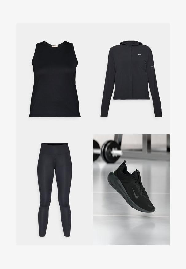 Juodas gobtuvas striukė su ilgomis rankovėmis, pagaminta iš lengvo audinio. Pasižymi priekiniais užtrauktukais, Nike logotipu ir subtiliais dizaino akcentais.; Juodas berankovis marškinėlis, pagamintas iš lygaus, tamprus audinys, su apvalia iškirpte ir prigludusia forma, išsiskiriantis švariais linijomis ir be matomų tvirtinimų.; Juodos leggingos, pagamintos iš lygios, tamprios medžiagos. Aukštas liemuo, be matomų raštų ar akcentų. Tvirtai priglunda prie kūno nuo liemens iki kulkšnies.; Juodas sportinis sportbačiai su Nike logotipu, pavaizduoti ore virš sporto salės grindų, fone išblurinta hantelių laikiklis.