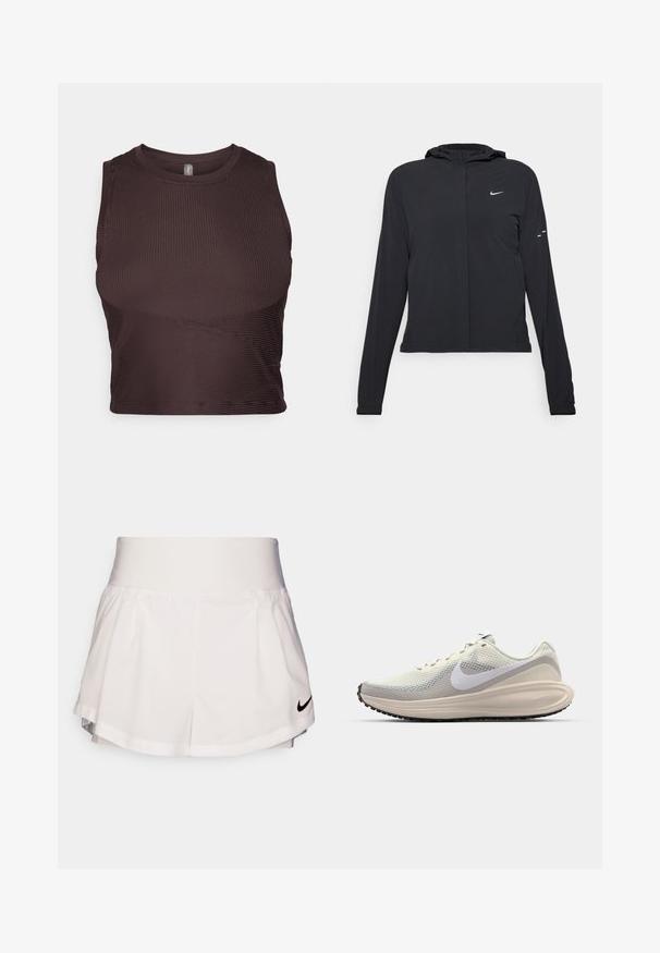 Svart hettegenser med lange ermer, laget av lett materiale. Har glidelås foran, Nike-logo og subtile design detaljer.; Mørkebrunt ribbestrikket crop top med brede stropper, rund halsutskjæring og sømløst design. Har en tettsittende silhuett og elastisk stoff for komfort.; Nike Performance SHORT - Sports shorts - white/black; Sko med lys grå mesh-overdel, hvit Nike swoosh, polstret mellomsåle, slank form og svart gummisåle med mønster.