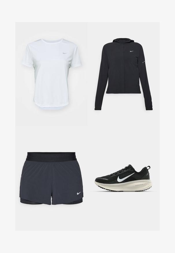 Sort hættetrøje med lange ærmer, lavet af letvægtsmateriale. Har en frontlynlås, et Nike-logo og subtile designaccenter.; Hvid kortærmet atletisk T-shirt med rund hals og et diskret gråt Nike-logo på venstre brystområde. Glat, åndbart stof.; Sort træningsshorts med elastisk talje, der har et lagdelt design og et lille hvidt Nike-logo nederst til venstre. Letvægtsmateriale.; Sort Nike løbesko med åndbart mesh-overdel, hvidt swoosh-logo, tekstureret detaljering og en cremede ZoomX mellemsål.