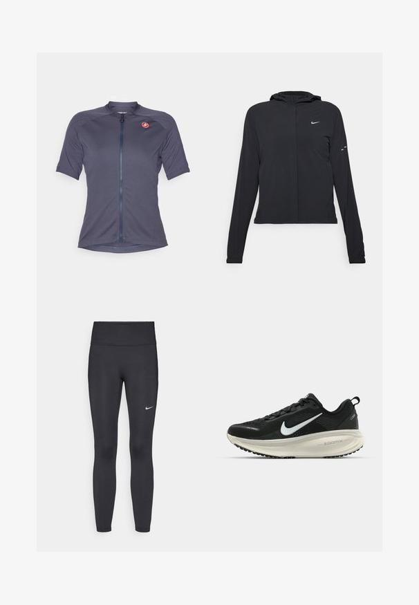 Svart hettegenser med lange ermer, laget av lett materiale. Har glidelås foran, Nike-logo og subtile design detaljer.; Kortsleeve sykkelskjorte i mørk marineblått stoff. Har en frontglidelås og en liten rød logo på venstre skulder. Glatt tekstur.; Sorte leggings laget av elastisk stoff, med høy livlinje og en hvit Nike-logo på venstre lår. Glatt tekstur, kroppsnær passform.; Svart Nike løpesko med pustende mesh-overdel, hvit swoosh-logo, teksturert detaljer og en kremfarget ZoomX mellomsåle.