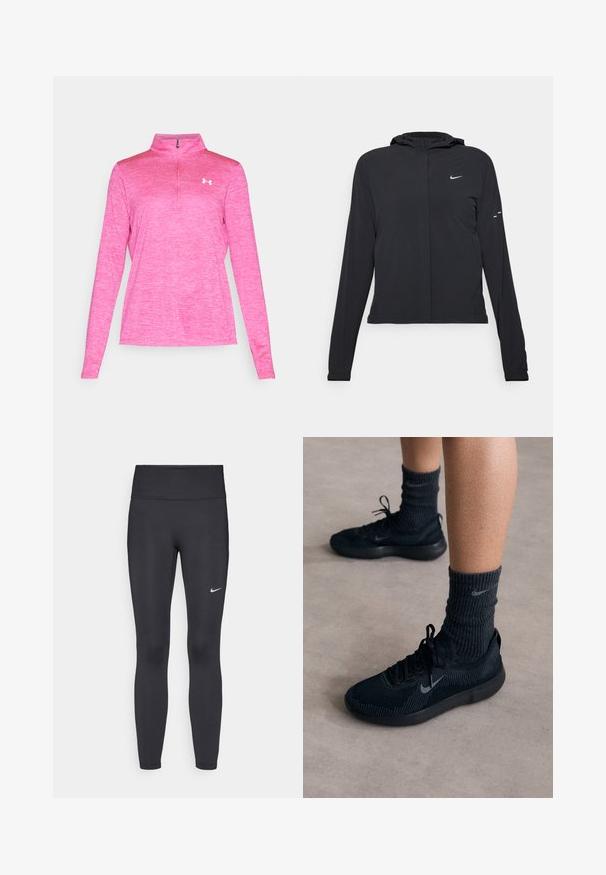 Črna kapuča s dolgimi rokavi, izdelana iz lahkega materiala. Ima sprednji zadrgo, logotip Nike in subtilne oblikovne detajle.; Roza dolga športna puloverica z pol-zadrgo in belim logotipom Under Armour na levem prsnem predelu, prikazana na preprostem belem ozadju.; Črne legice iz elastične tkanine, z visokim pasom in belim Nike logo na levem stegnu. Gladka tekstura, oblikovno prilegajoč dizajn.; Črne Nike teniske z strukturiranim pletenim zgornjim delom, s sivim swoosh logotipom, v kombinaciji s temnimi rebrastimi nogavicami. Udoben gumijast podplat.
