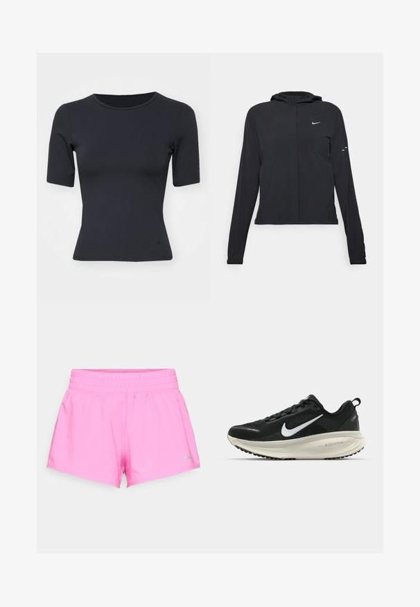 Jachetă neagră cu glugă, cu mâneci lungi, fabricată din material ușor. Dispune de un fermoar frontal, un logo Nike și accente de design subtile.; Top scurt negru, cu manșete scurte, într-un design ajustat, fabricat dintr-un material neted, cu decolteu rotund și o branding subtil la tiv.; Șorturi atletice de culoare roz aprins, cu talie elastică și un mic logo Nike gri în colțul din stânga jos, pe un fundal alb.; Pantofii de alergare negri de la Nike, cu parte superioară din plasă respirabilă, logo-ul alb Swoosh, detalii texturate și o talpă intermediară ZoomX de culoare crem.