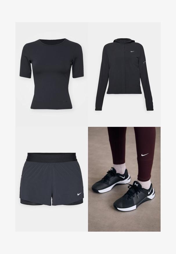 Fekete kapucnis dzseki hosszú ujjakkal, könnyű anyagból készült. Elülső cipzárral, Nike logóval és diszkrét dizájn elemekkel rendelkezik.; Fekete, rövid ujjú felső, testhezálló fazonban, sima anyagból készült, kerek nyakkivágással és diszkrét márkajelzéssel az alján.; Fekete sportnadrág elasztikus derékkal, réteges kialakítással és kis fehér Nike logóval a bal alsó részen. Könnyű anyag.; Fekete sportcipők texturált felsőrésszel és fehér akcentussal, fűzőkkel és oldalsó logóval. Bordó leggingsszel és világos zoknival viselve.