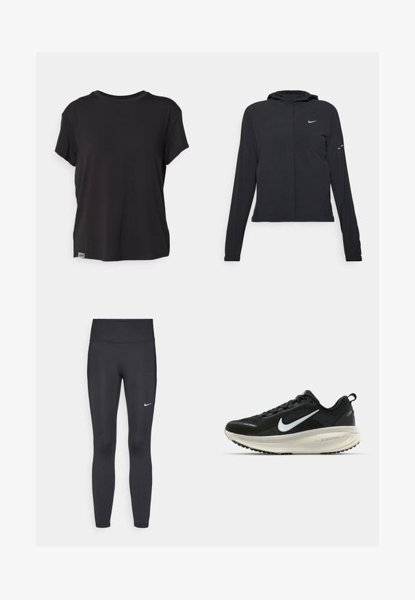 Casaco preto com capuz e mangas longas, feito de material leve. Apresenta um fecho dourado na frente, um logótipo da Nike e detalhes de design subtis.; T-shirt preta de mangas curtas feita de um tecido macio, com gola redonda e uma pequena etiqueta do logotipo na parte inferior esquerda da barra.; Leggings pretos feitos de tecido elástico, com uma cintura alta e um logo branco da Nike na coxa esquerda. Textura suave, design ajustado ao corpo.; Sapatilha de corrida Nike preta com parte superior de malha respirável, logotipo Swoosh branco, detalhes texturizados e uma entressola ZoomX na cor creme.