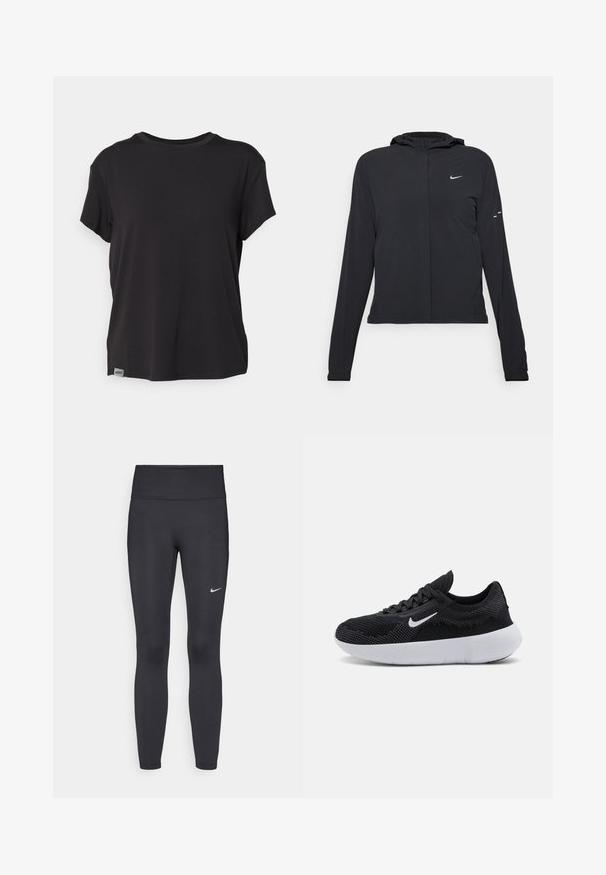 Svart hettegenser med lange ermer, laget av lett materiale. Har glidelås foran, Nike-logo og subtile design detaljer.; Svart kortermet t-skjorte laget av mykt stoff, med rund hals og en liten logo-merkelapp nederst til venstre på kanten.; Sorte leggings laget av elastisk stoff, med høy livlinje og en hvit Nike-logo på venstre lår. Glatt tekstur, kroppsnær passform.; Svart atletisk sko med mesh-overdel, teksturert design, rund tå, hvit gummisåle og et Nike-logo på siden.