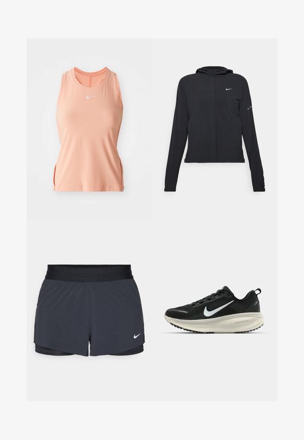 Fekete kapucnis dzseki hosszú ujjakkal, könnyű anyagból készült. Elülső cipzárral, Nike logóval és diszkrét dizájn elemekkel rendelkezik.; Rózsaszín, ujjatlan sportfelső kerek nyakkivágással, oldalhasítékokkal és hímzett logóval a mellkason. Simább, rugalmas anyagból készült.; Fekete sportnadrág elasztikus derékkal, réteges kialakítással és kis fehér Nike logóval a bal alsó részen. Könnyű anyag.; Fekete Nike futócipő légáteresztő hálós felsőrésszel, fehér Swoosh logóval, textúrázott részletekkel és krém színű ZoomX középtalppal.