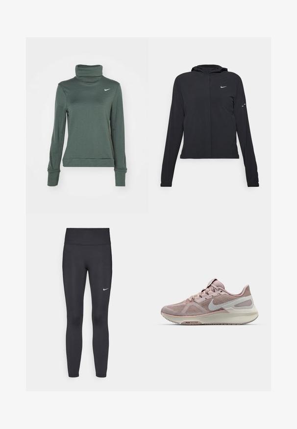 Crna jakna s kapuljačom i dugim rukavima, izrađena od laganog materijala. Ima prednji patentni zatvarač, Nike logo i suptilne dizajnerske detalje.; Nike Performance THERMA-FIT SWIFT - Top dugih rukava - vintage green/silver; Crne tajice izrađene od rastezljivog materijala, s visokim strukom i bijelim Nike logotipom na lijevom bedru. Glatka tekstura, dizajn koji prati obline.; Nike trkačka cipela s mrežastim gornjim dijelom u svijetlo ružičastoj i sivoj boji, s udobnom potplatom i zaobljenim dizajnom prsta. S naglašenim swoosh logotipom.