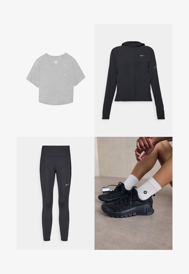 Black hooded jacket with long sleeves, made from lightweight material. Features a front zipper, a Nike logo, and subtle design accents.; Gray cropped T-shirt with short raglan sleeves, soft texture, and a small logo printed near the neckline. Rounded hem at the bottom.; Black leggings made of stretchy fabric, featuring a high waistband and a white Nike logo on the left thigh. Smooth texture, form-fitting design.; Black athletic shoes with textured fabric, laced design, and a prominent sole, paired with white ribbed socks featuring a small logo.