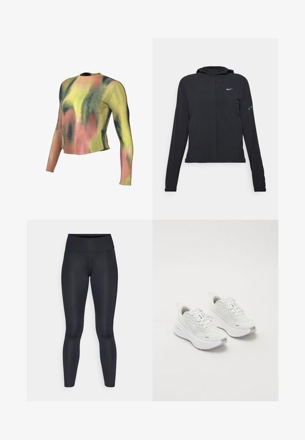 Melnā kapuci jaka ar garām piedurknēm, izgatavota no viegla materiāla. Tam ir priekšējais rāvējslēdzis, Nike logo un smalki dizaina akcenti.; Garšīgais krūškurvis ar garām piedurknēm, kas rotāts ar tievām krāsainajām svītrām zaļā, dzeltenā un rozā krāsā. Izgatavots no mīkstas auduma, ar apaļu kakla izgriezumu un šauru piegriezumu.; Melnas legingi, izgatavoti no gludas, elastīgas auduma. Augsts jostasvieta bez redzamām rakstiem vai akcentiem. Cieši pieguļ no jostas līdz potītēm.; Baltas sporta apavi ar teksturētu sieta augšdaļu, mīkstinātu zoli un smalkiem pelēkiem akcentiem. Iekļauj zīmolu un cilpu papēža cilpu vieglai uzvilkšanai.