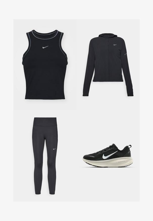 Chaqueta negra con capucha y mangas largas, hecha de un material ligero. Presenta un cierre frontal, un logo de Nike y acentos de diseño sutiles.; Camiseta deportiva negra sin mangas hecha de tela suave. Presenta un escote redondo con costuras grises y un pequeño logo plateado de Nike en la parte frontal.; Leggings negras de tela elástica, con una cintura alta y un logo blanco de Nike en el muslo izquierdo. Textura suave, diseño ajustado.; Zapatilla de running Nike negra con parte superior de malla transpirable, logo Swoosh blanco, detalles texturizados y una entresuela ZoomX de color crema.