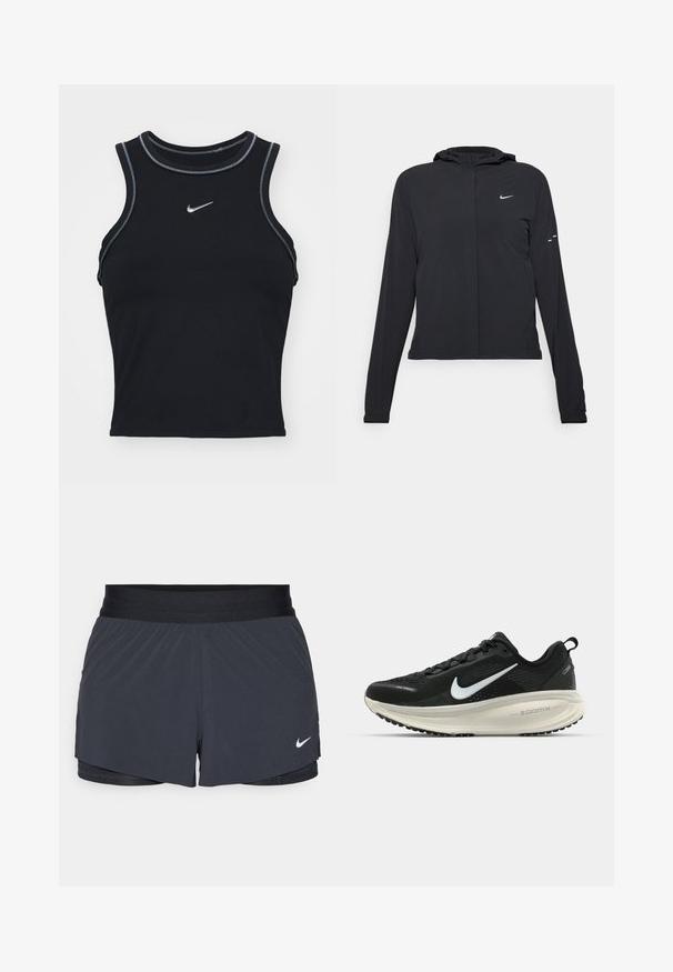 Črna kapuča s dolgimi rokavi, izdelana iz lahkega materiala. Ima sprednji zadrgo, logotip Nike in subtilne oblikovne detajle.; Črni atletski top brez rokavov, izdelan iz gladkega materiala. Ima okroglo ovratnico z sivim šivom in majhnim srebrnim logotipom Nike spredaj.; Črne atletske kratke hlače z elastičnim pasom, ki imajo plastičen dizajn in majhen bel Nike logotip na spodnji levi strani. Lahkoten material.; Črne Nike tekaške čevlje z zračno mrežno zgornjim delom, belim logotipom Swoosh, teksturiranimi detajli in smetanasto barvnim srednjim delom ZoomX.